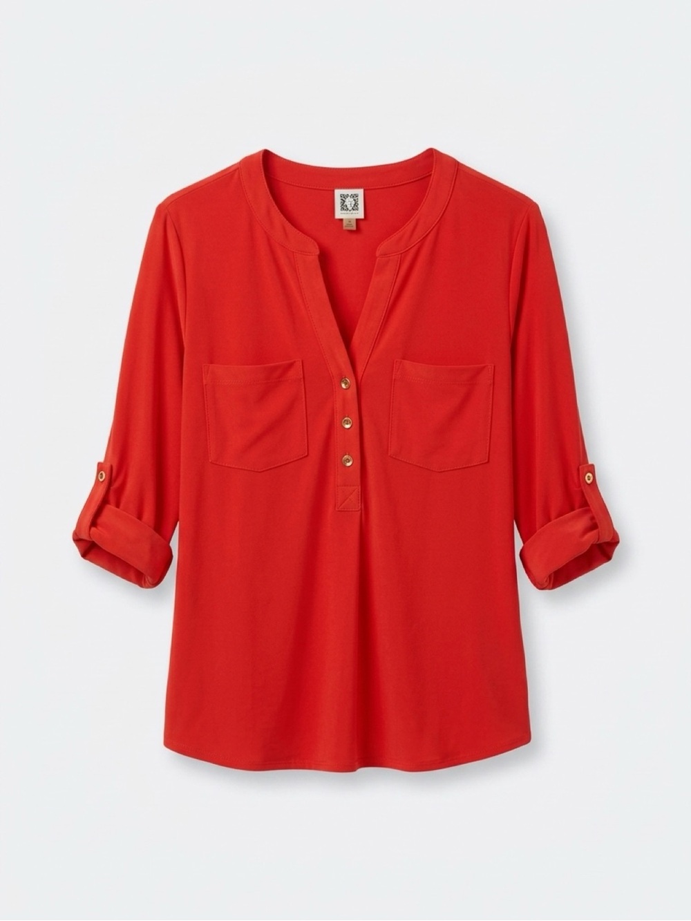 Anne Klein Orange Red Henley Roll-Tab Sleeve Blouse